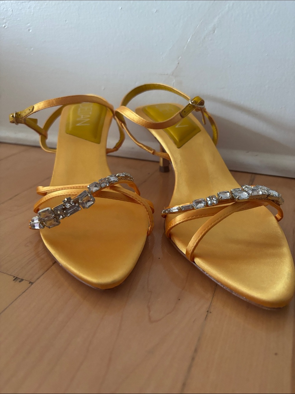 Delta Gold Satin Crystal-Strap Kitten Heels - Women
